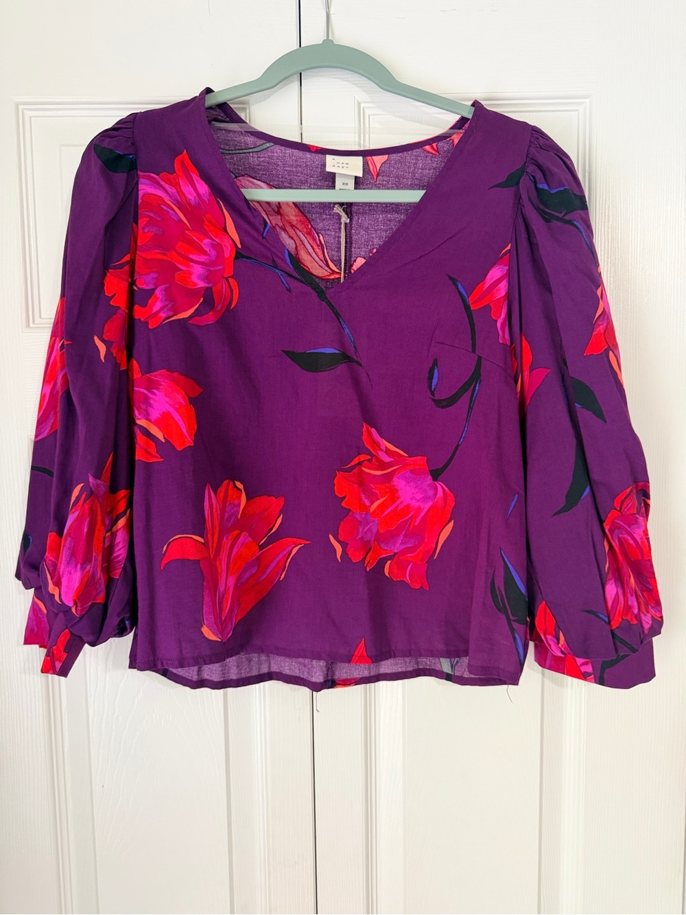 NWT A New Day Target Purple Floral Blouse XS Puff Sleeve V Neck